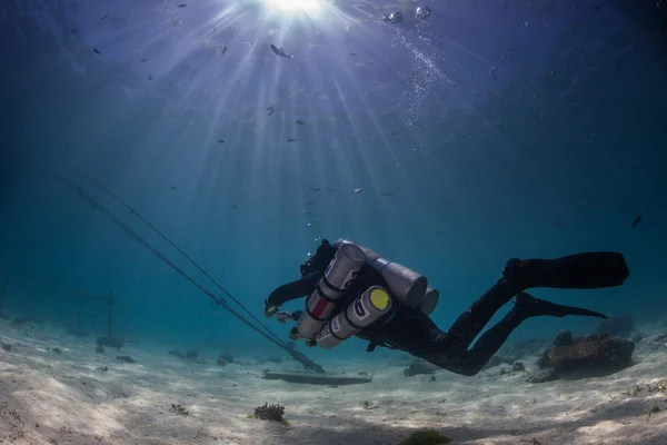 A scuba diver swimming in the clear waters of Saranda, Albania during their Padi instructor Course